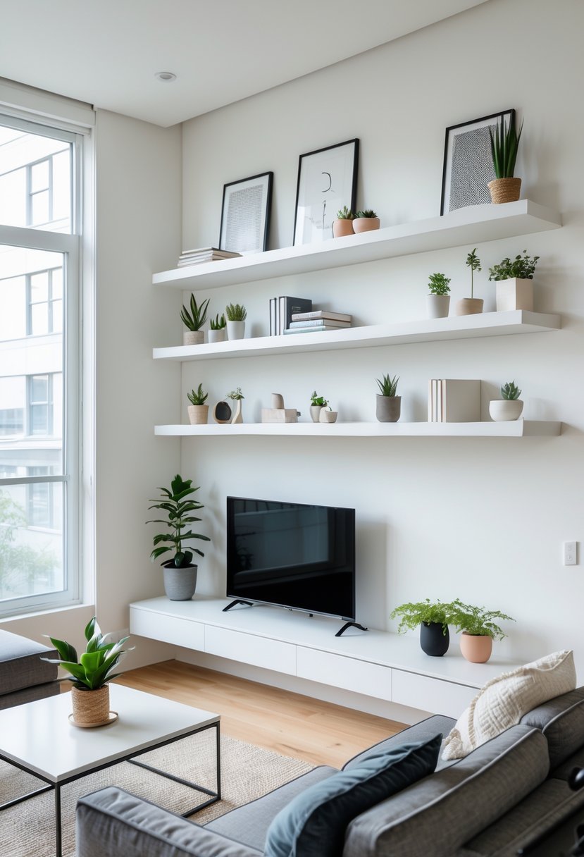 Living room with floating shelves mounted on the wall, a sofa, coffee table, and open floor space.