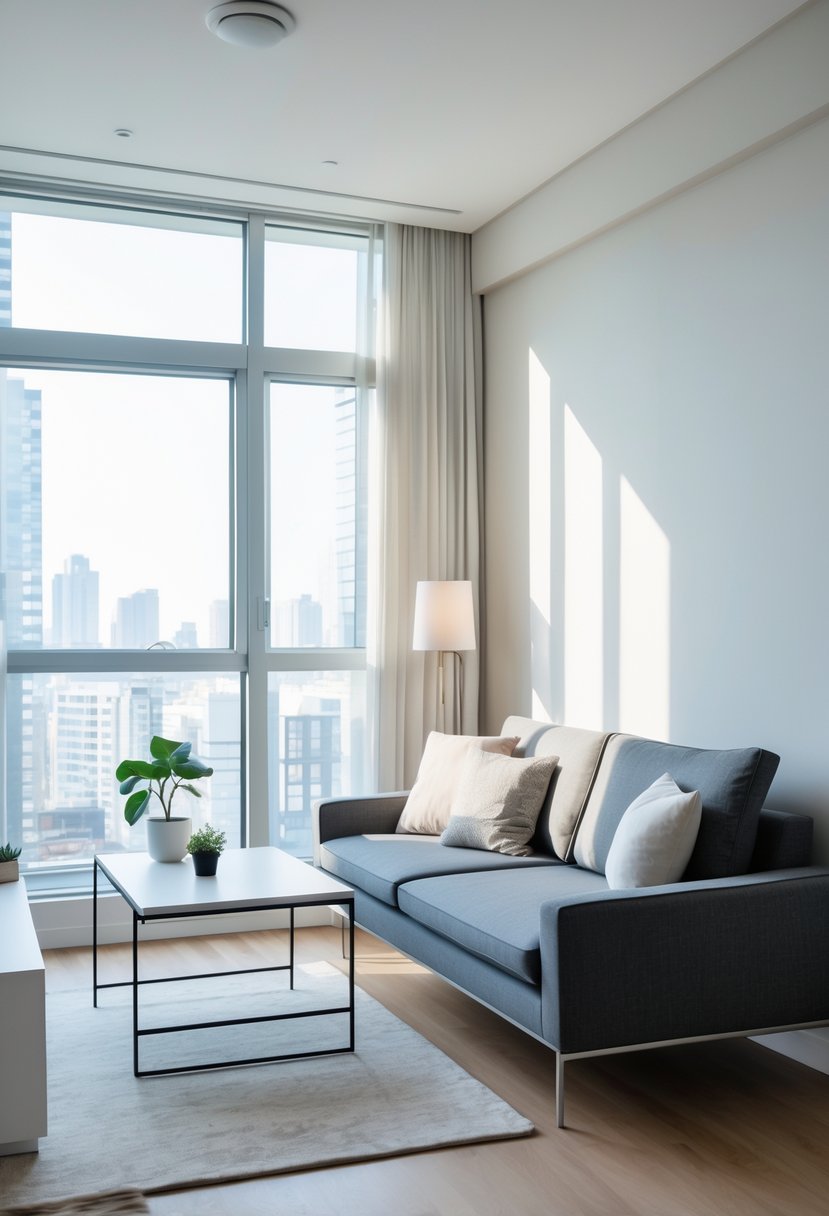 A bright apartment living room with a slim sofa, coffee table, and a small plant near large windows.