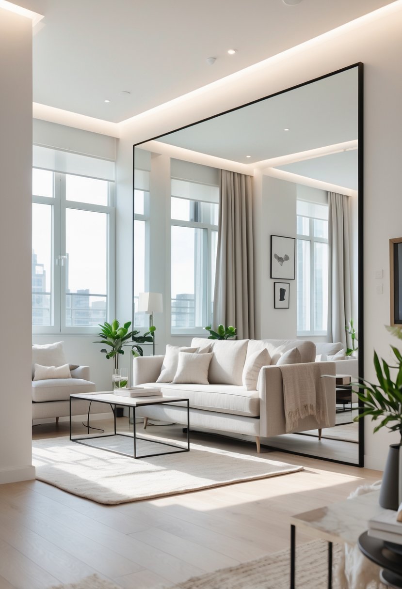 A bright living room in an apartment with a large wall mirror reflecting light, a sofa, coffee table, and plants.