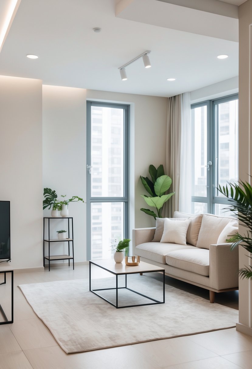 A bright living room with a sofa, coffee table, large windows, and plants.
