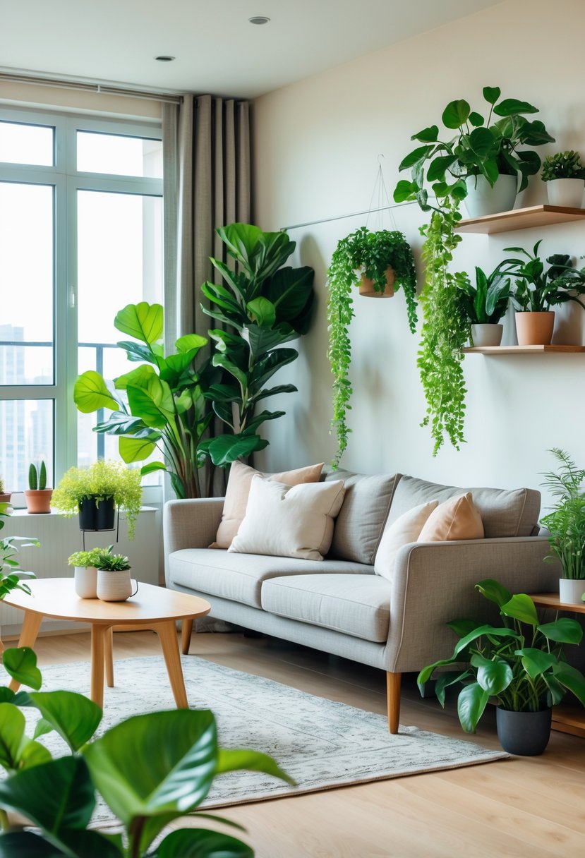 A living room in an apartment with a sofa, coffee table, and several green plants placed around the space.