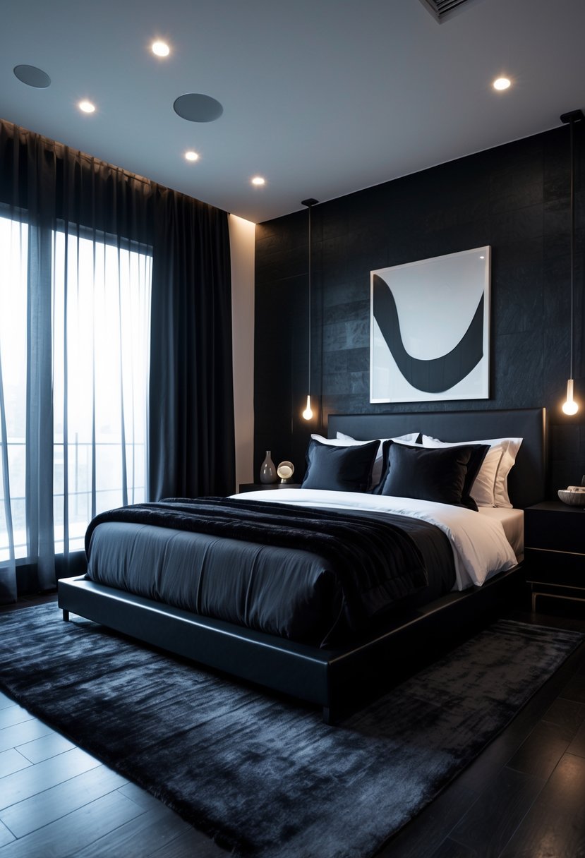 A bedroom with a black bed, black nightstands, dark flooring, and a large window with sheer curtains.
