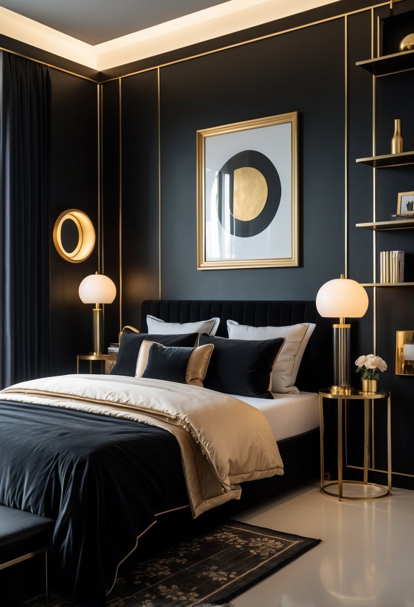 A bedroom with black walls and gold accents, featuring a bed and decorative elements.