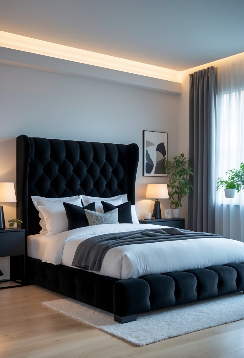 A black velvet upholstered bed with white bedding and pillows in a modern bedroom with bedside tables, lamps, and natural light coming through a window.