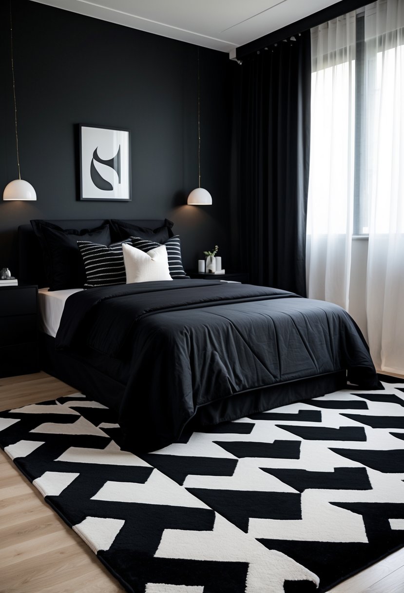 A bedroom with a bed, nightstands, and a black and white geometric rug on the floor.