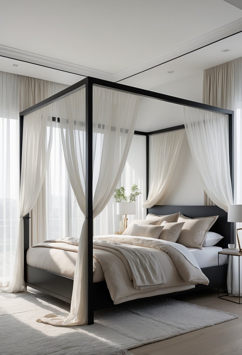 A black canopy bed with sheer white curtains in a bright bedroom with neutral bedding and minimal decor.