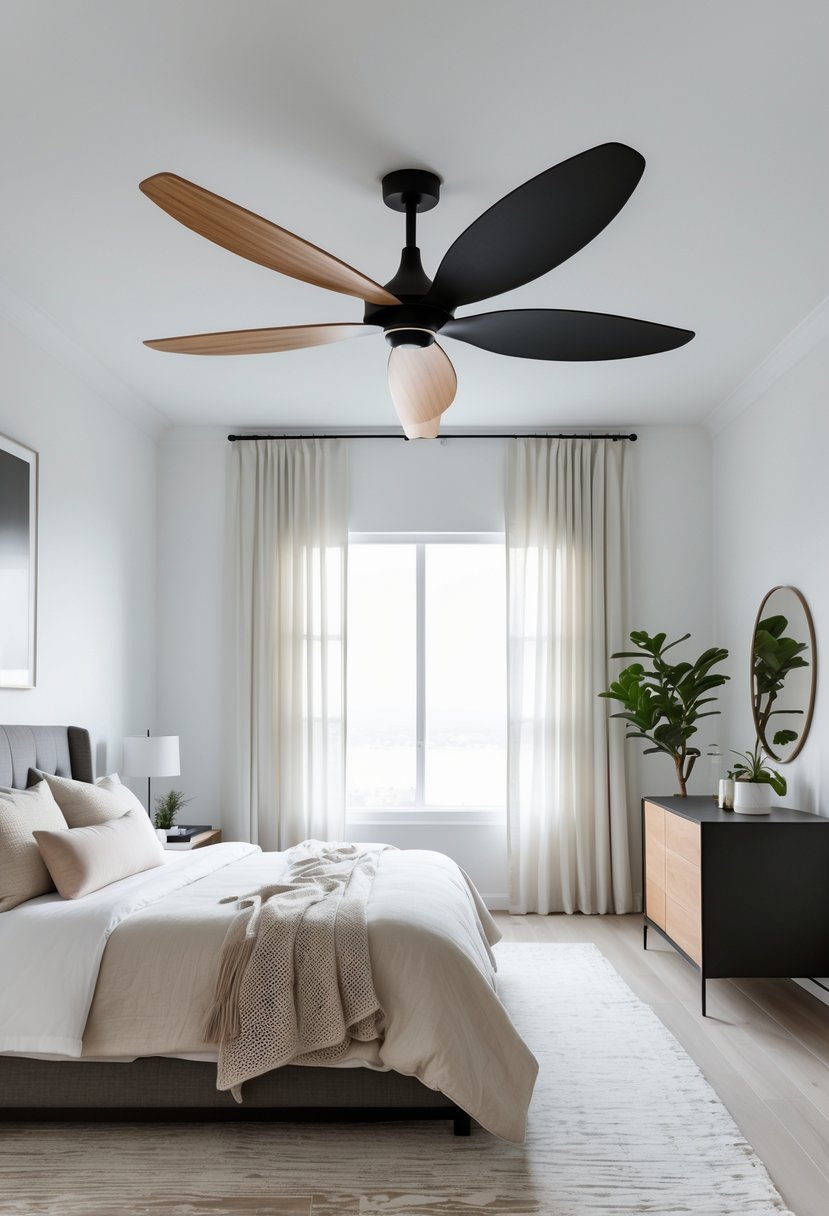 A bedroom with a black ceiling fan with wooden blades mounted on the ceiling above a bed.