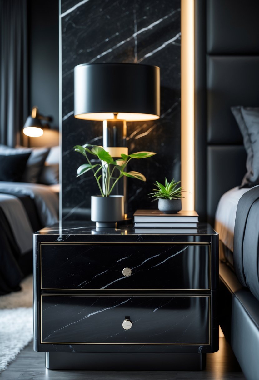 A black marble nightstand top in a bedroom with a lamp, plant, and books, next to a bed with dark bedding.