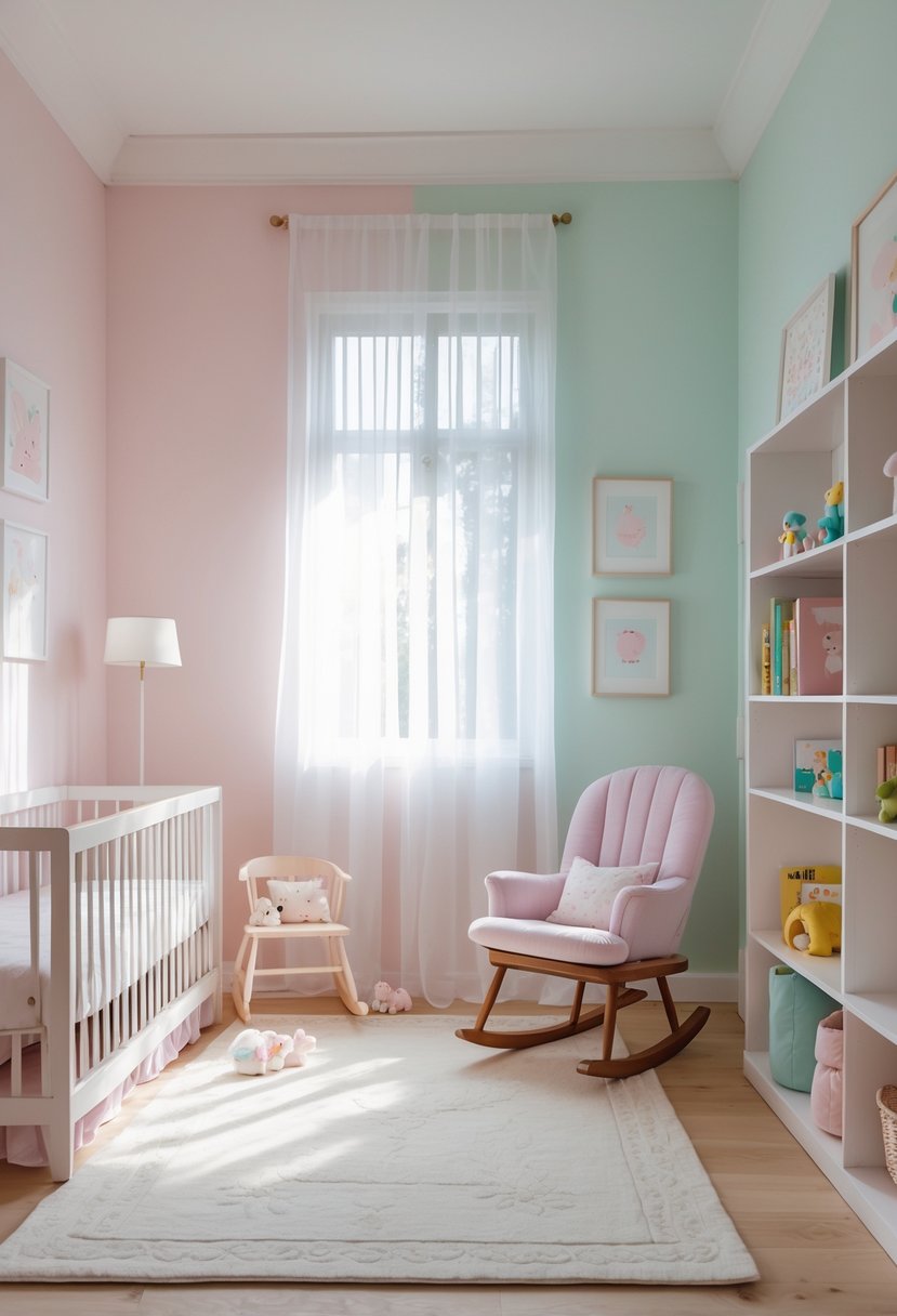A nursery room with pastel-colored walls, a crib, a rocking chair, a bookshelf, and soft natural light coming through a window.