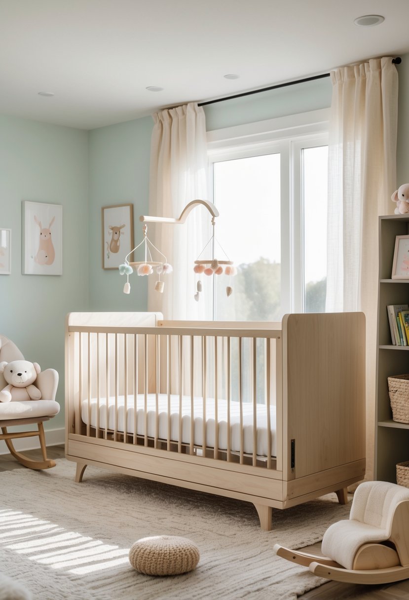A bright nursery with a convertible crib set at mid-level mattress height surrounded by baby items and soft natural light.