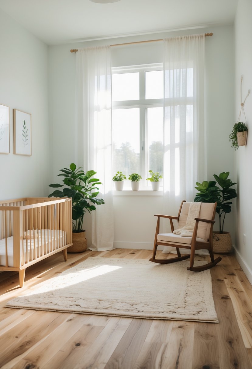 A nursery room with wooden flooring, a crib, rocking chair, plants, and soft natural light.