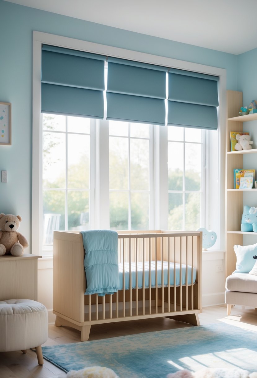 A nursery room with a crib and blackout roller shades partially lowered over a window, creating a calm and restful environment.