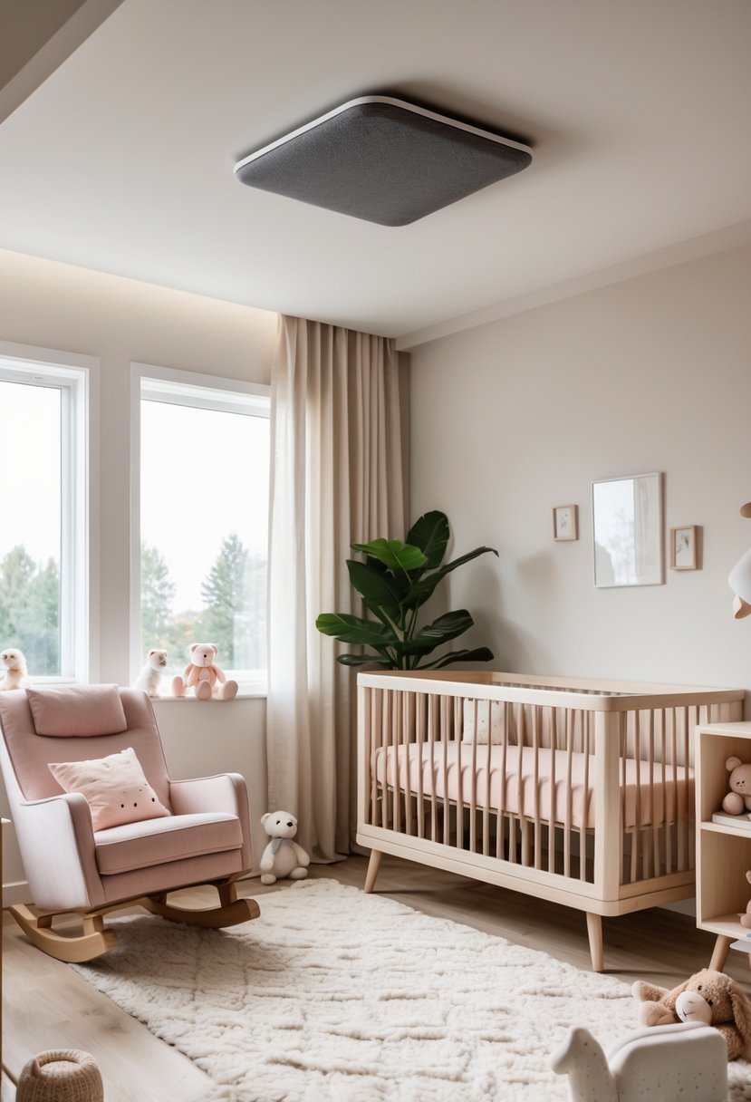A nursery room with a ceiling mounted white noise machine above a crib and soft natural lighting.