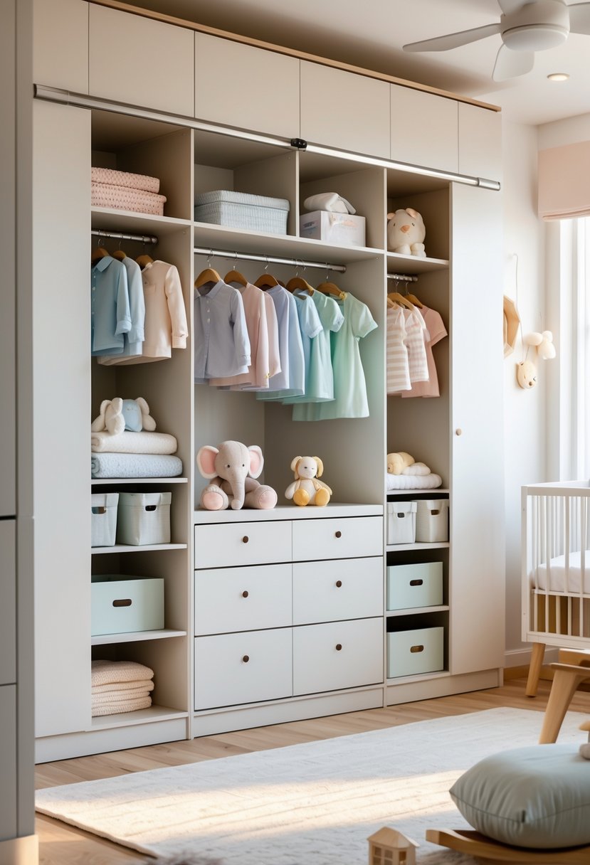 A bright nursery closet with organized shelves and drawers holding baby clothes and toys, next to a crib and rocking chair.