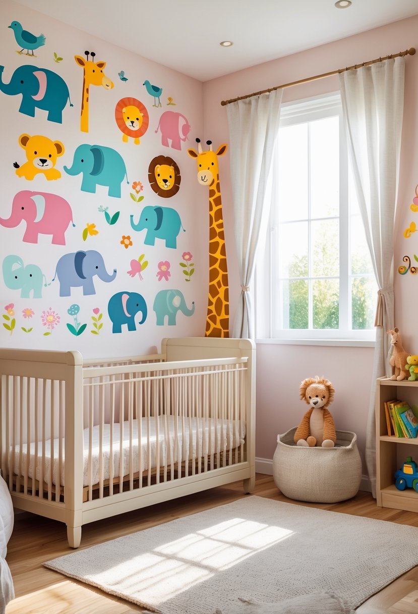 A nursery room with animal-themed removable wall decals, a crib, bookshelf, and soft natural lighting.