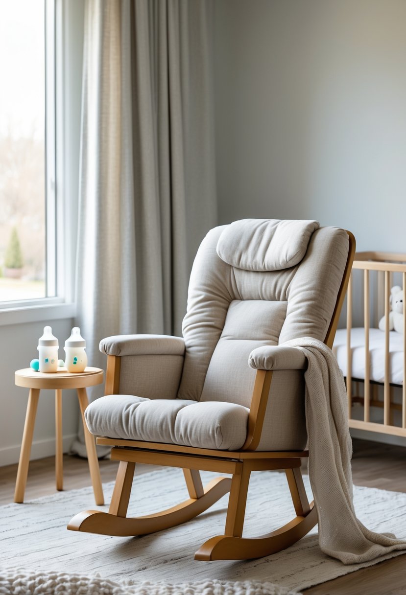A nursery with an ergonomic rocking chair next to a window, a crib in the background, and soft natural light filling the room.