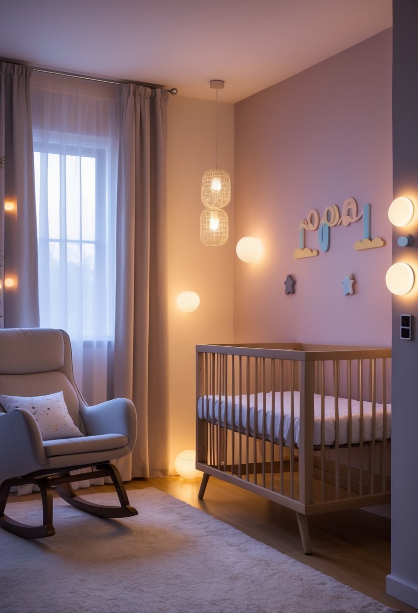 A softly lit nursery room with a crib, rocking chair, and LED night lights creating a warm and calming atmosphere.