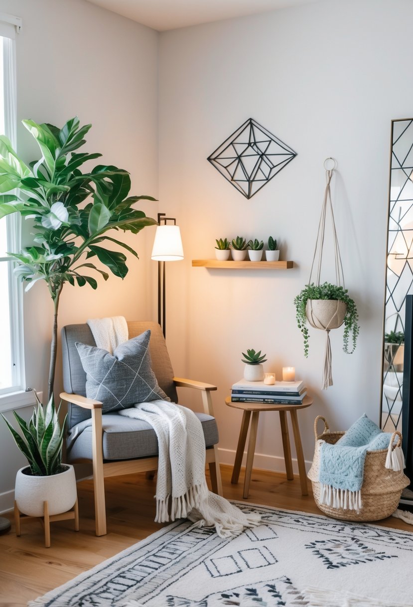 A living room corner decorated with a plant, wooden shelf with succulents, armchair with blanket, floor lamp, side table with books and candle, wall art, woven basket, macrame plant holder, floor mirror, and a patterned rug.