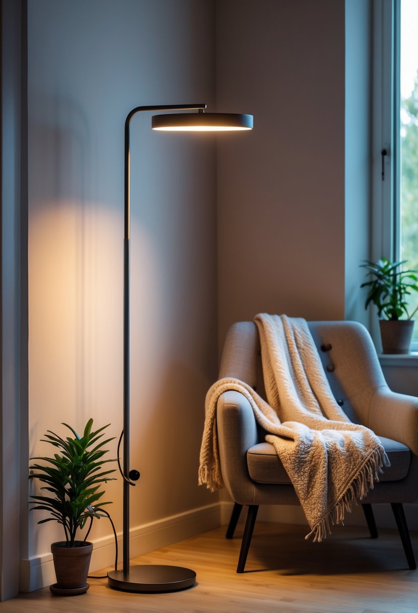 A corner of a living room with a floor lamp turned on, a potted plant, books, and an armchair with a blanket.