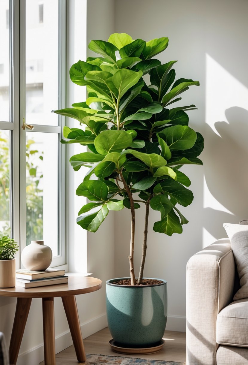 Tall fiddle leaf fig plant in a pot placed in the corner of a bright living room with modern furniture and decor.