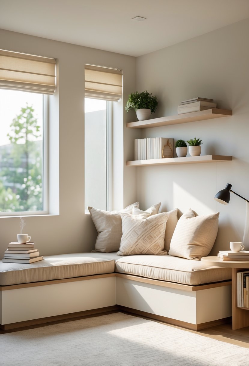 A cozy L-shaped reading nook with cushions in a corner by large windows, featuring books, plants, and soft natural light.