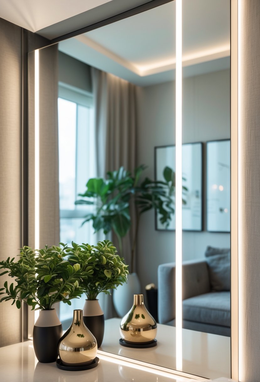 Interior corner with a large mirrored panel reflecting a room, decorated with plants and vases.