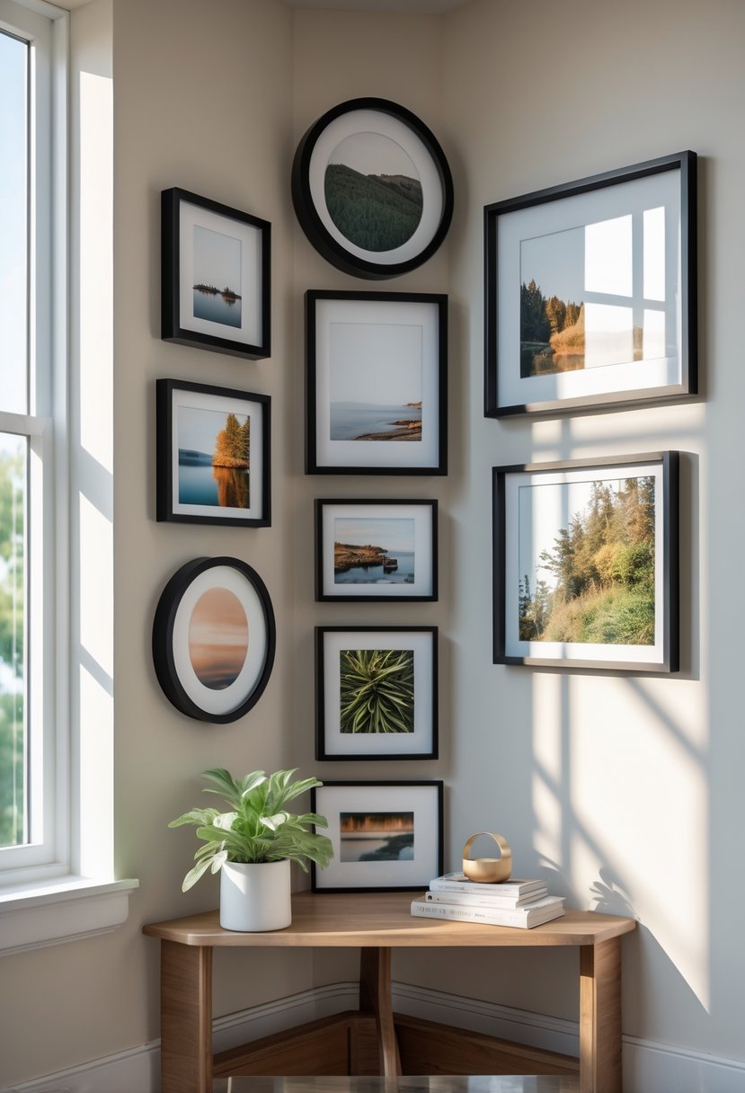 A corner of a room with multiple photo frames arranged on the walls above a wooden shelf with a plant and decorative items.