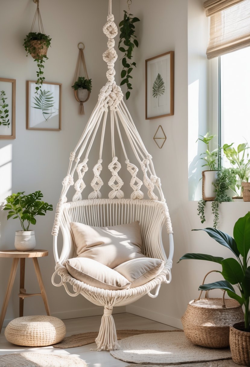 A bright corner with a hanging macrame chair, cushions, a small side table with a plant, and decorative plants around.