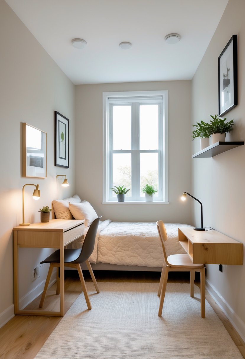A small bedroom with a single bed, a desk by the window, a nightstand with a lamp, and simple decorations.