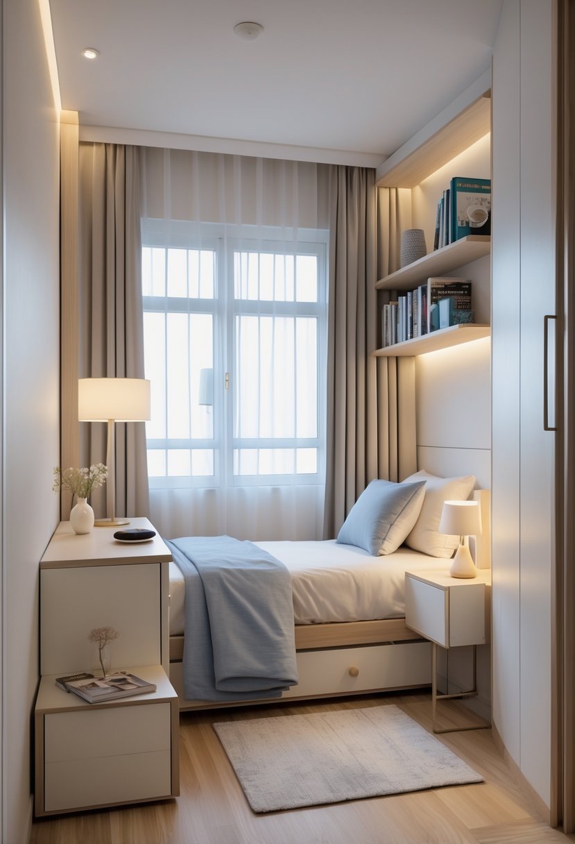 A small bedroom with a single bed, bedside table, wall shelf, and natural light coming through a window.