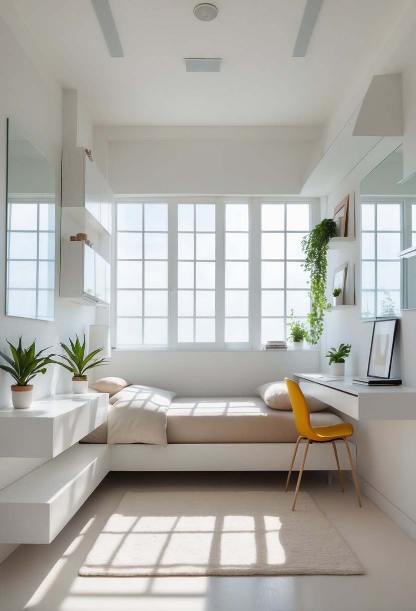 A small bedroom with a bed, large windows, mirrors, and minimalist furniture arranged to create a spacious and bright atmosphere.