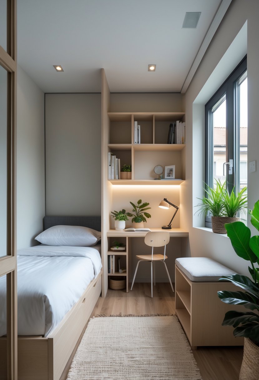 Small bedroom with a bed, reading nook, workspace, and room divider creating distinct areas.