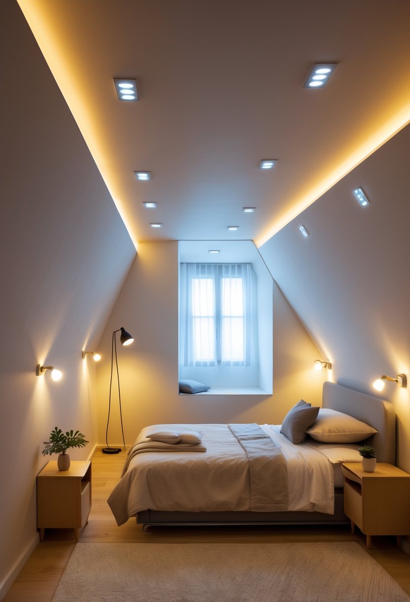 Small bedroom with slanted ceilings and irregular walls, illuminated by modern ceiling lights, wall sconces, and a floor lamp, featuring a neatly made bed and minimal furniture.