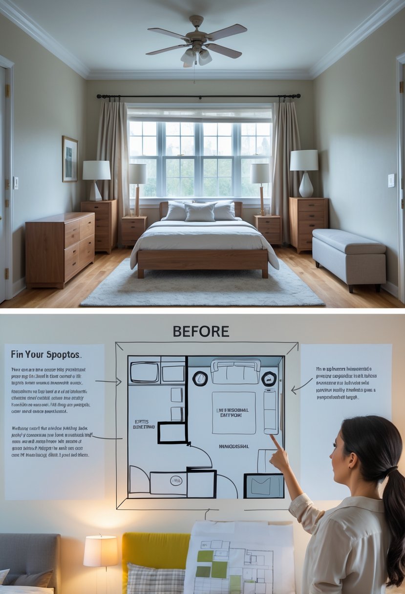 A small bedroom with cluttered furniture blocking light, and a designer showing how to improve the layout for more space.