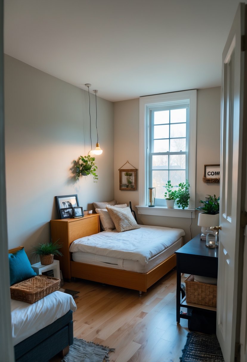 A small bedroom with a bed pushed into a corner, a nightstand blocking a window, and cluttered furniture making the space feel cramped.