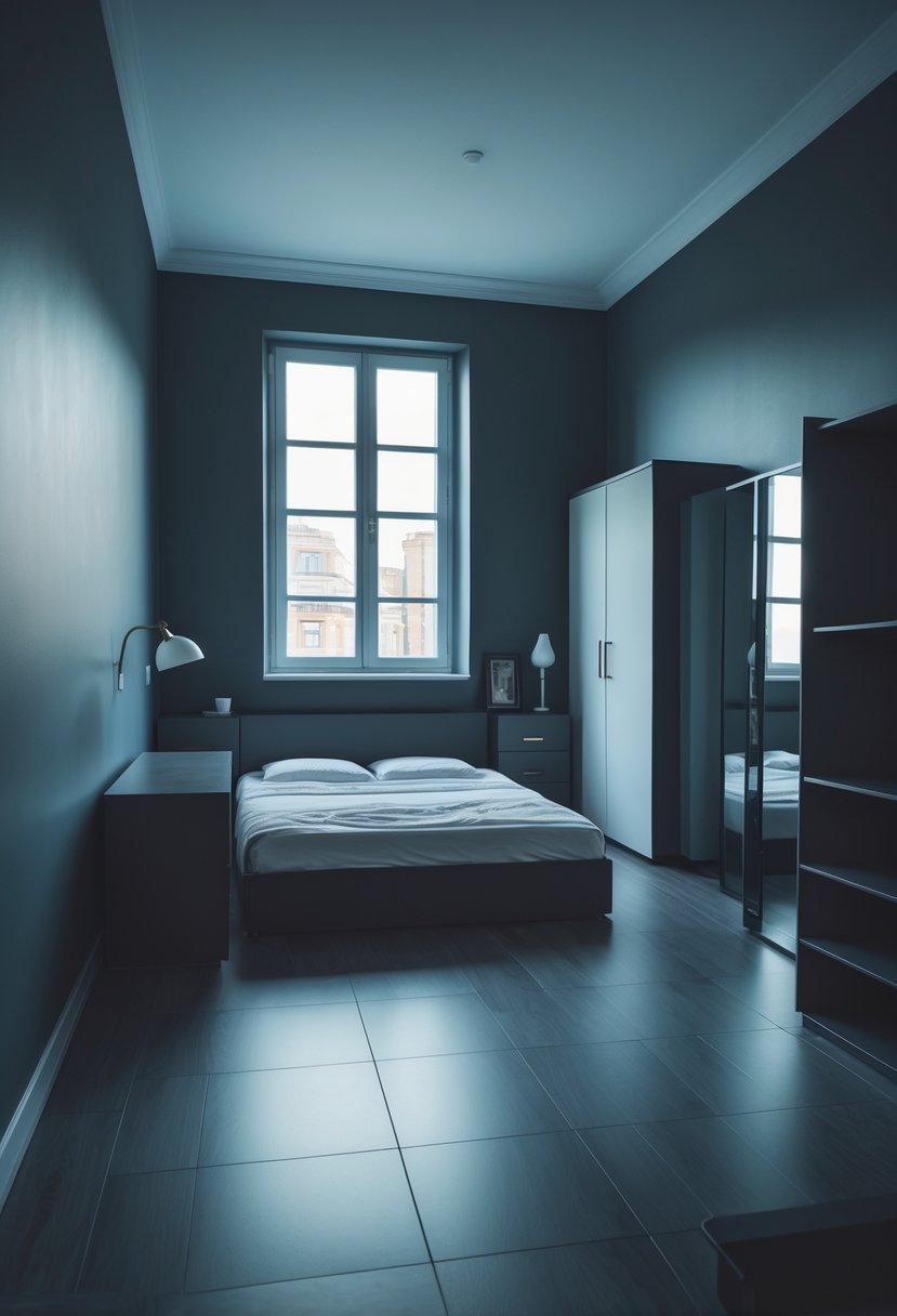 A small bedroom with oversized furniture and clutter that makes the space feel cramped and dark, showing how poor layout choices shrink the room.