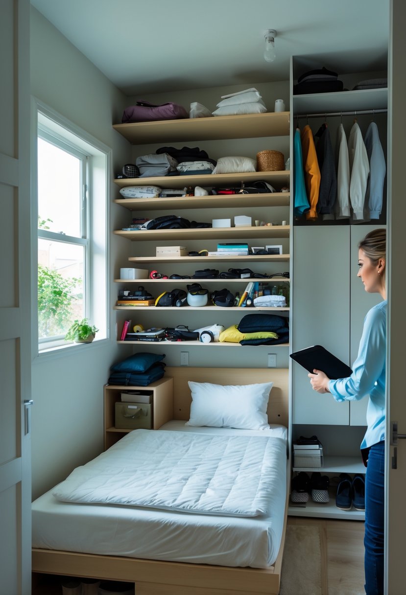Small bedroom with cluttered shelves and a bulky wardrobe making the space feel cramped, with a person examining the room.