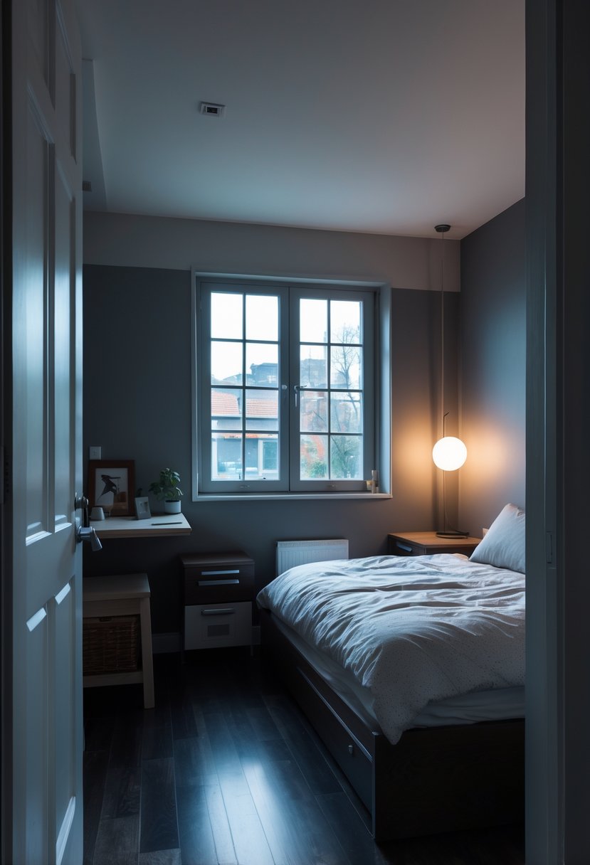 A small bedroom with limited natural light, dim artificial lighting, bulky furniture blocking windows, and a cramped layout.