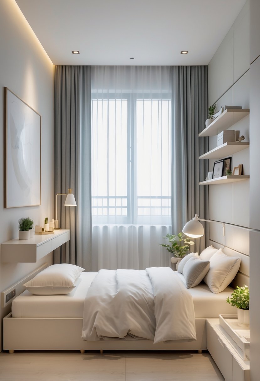 A small bedroom with a neatly made bed, natural light from a window, built-in storage, and minimal decor creating an open and organized space.