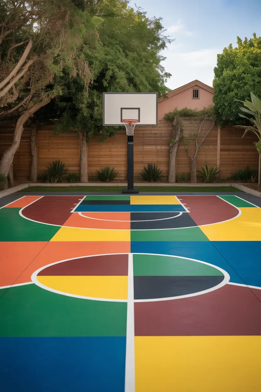 Backyard Basketball Court Ideas featuring a custom painted court with bold colors and artistic patterns