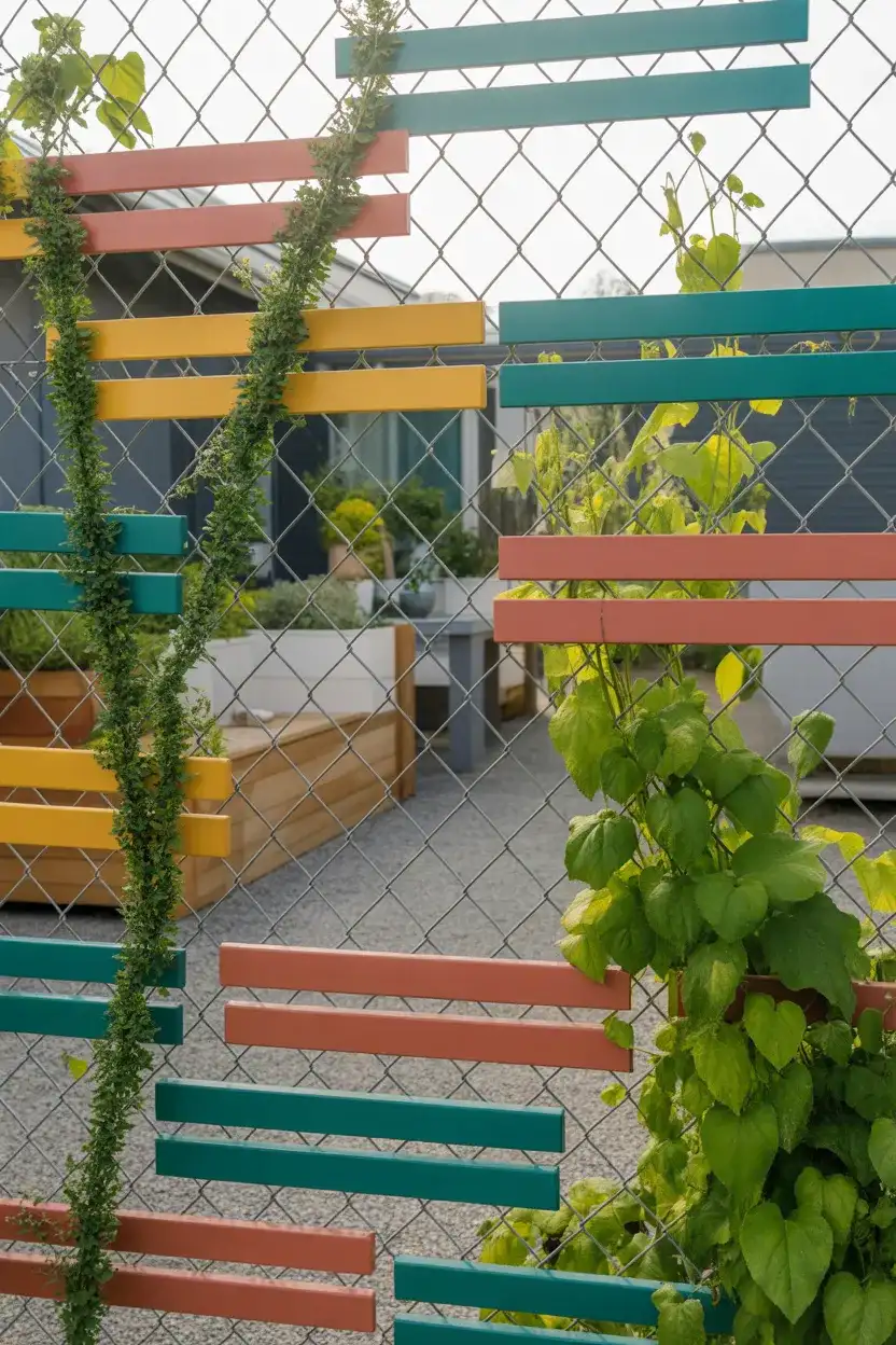 Backyard chain link diy fence ideas decorated with climbing vines and colorful privacy slats, sunny garden setting