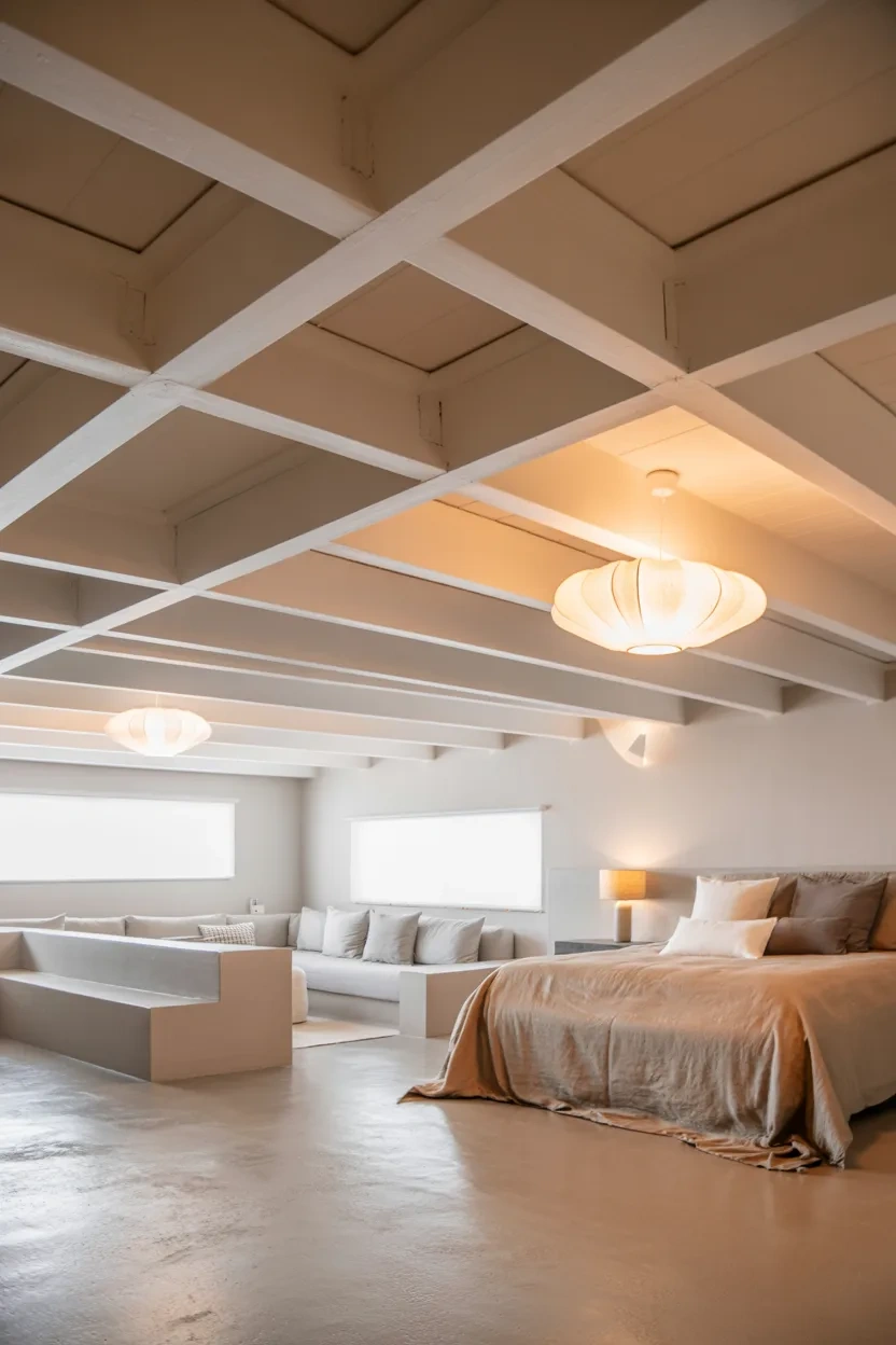 Basement Bedroom Ideas with upgraded ceiling design and bright open feel