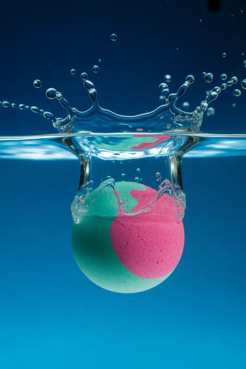Bath bomb cracked open revealing a small toy inside surrounded by colorful pieces and playful setting