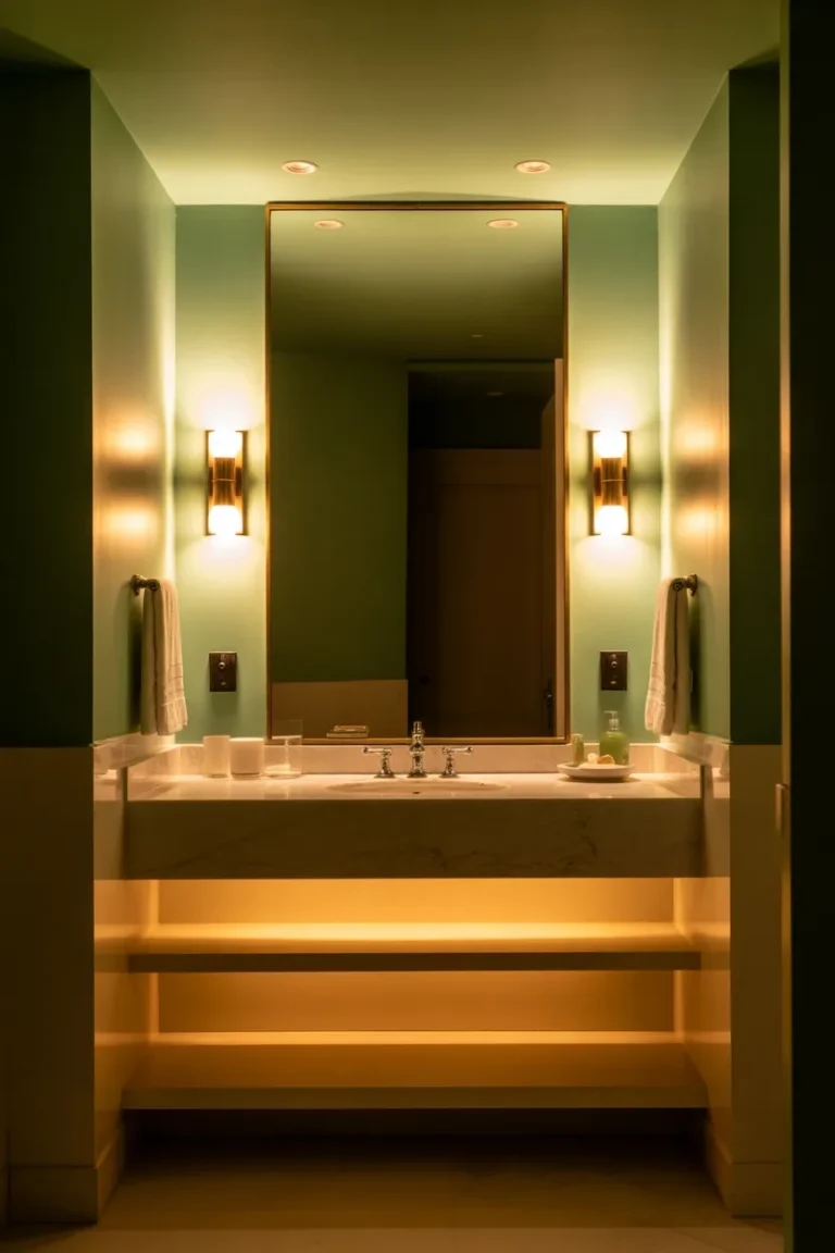 Bathroom INTERIOR IDEAS with layered warm lighting creating a relaxing spa-like atmosphere