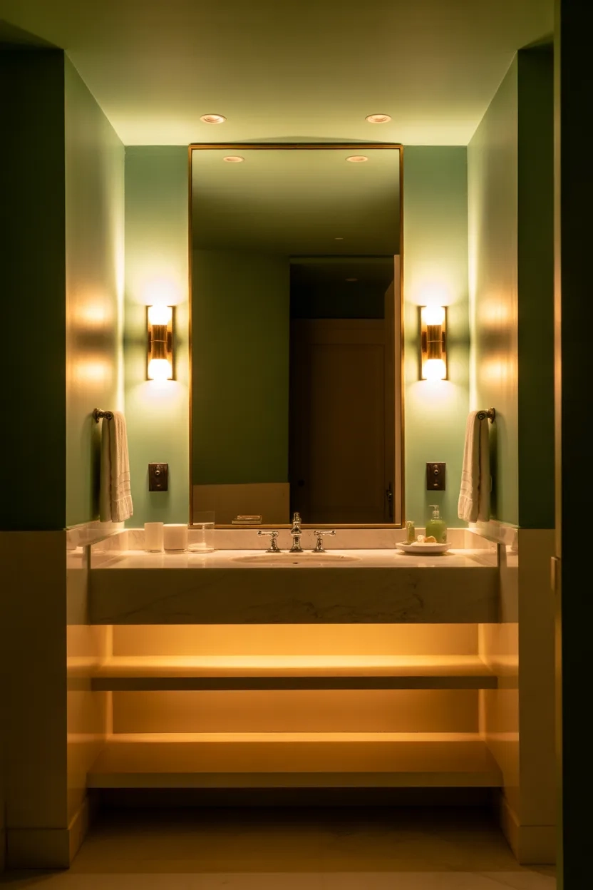 Bathroom INTERIOR IDEAS with layered warm lighting creating a relaxing spa-like atmosphere