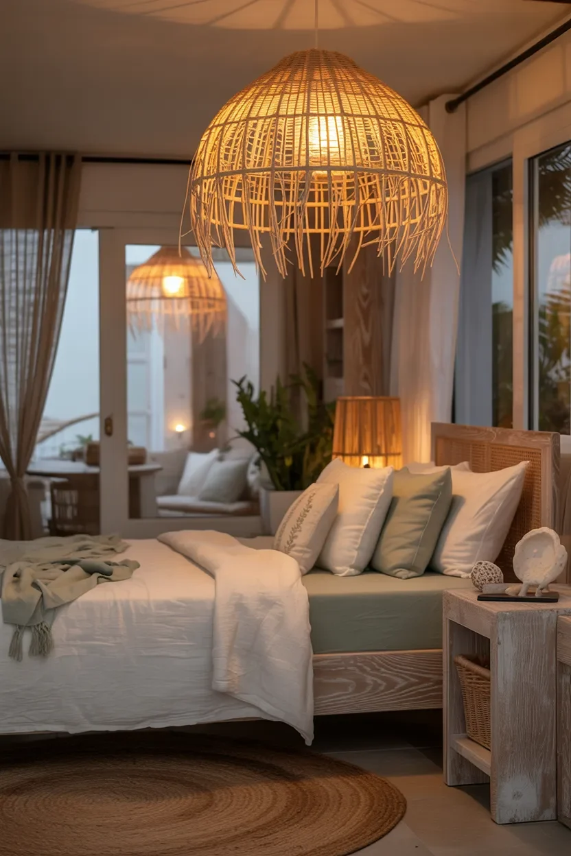 Beach bedroom ideas with cozy lighting and warm coastal ambiance