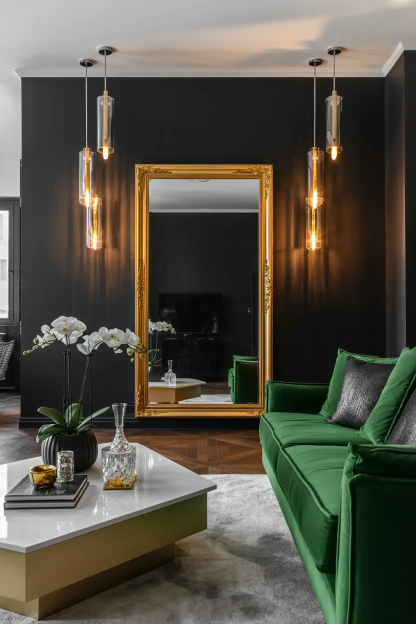 Black Accent Wall Living Room Ideas with a black wall and metallic glam decor for a luxurious living room style
