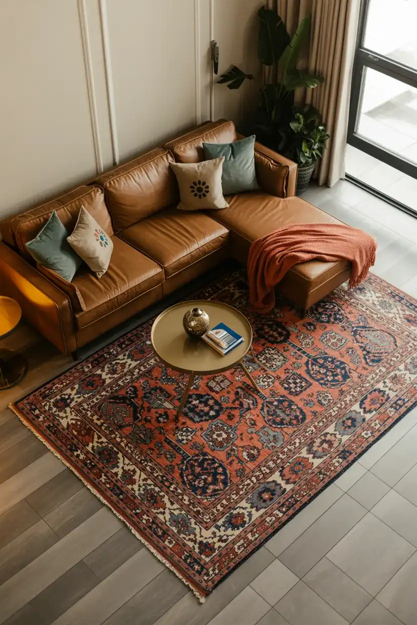 Brown Couch Living Room Ideas featuring a statement rug with patterns to anchor the seating area
