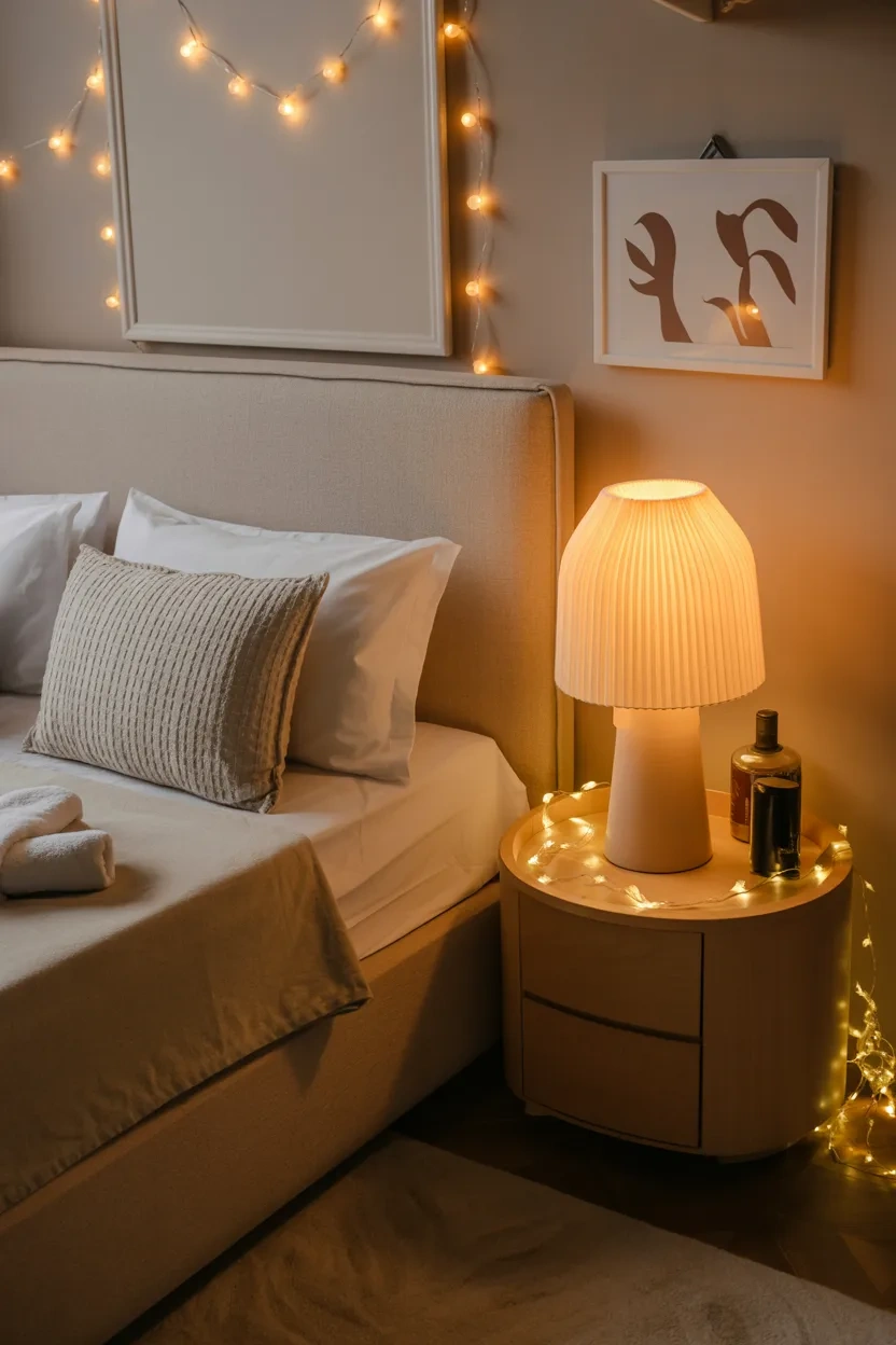 Calm Bedroom Ideas using soft layered lighting to create a warm and relaxing bedroom mood