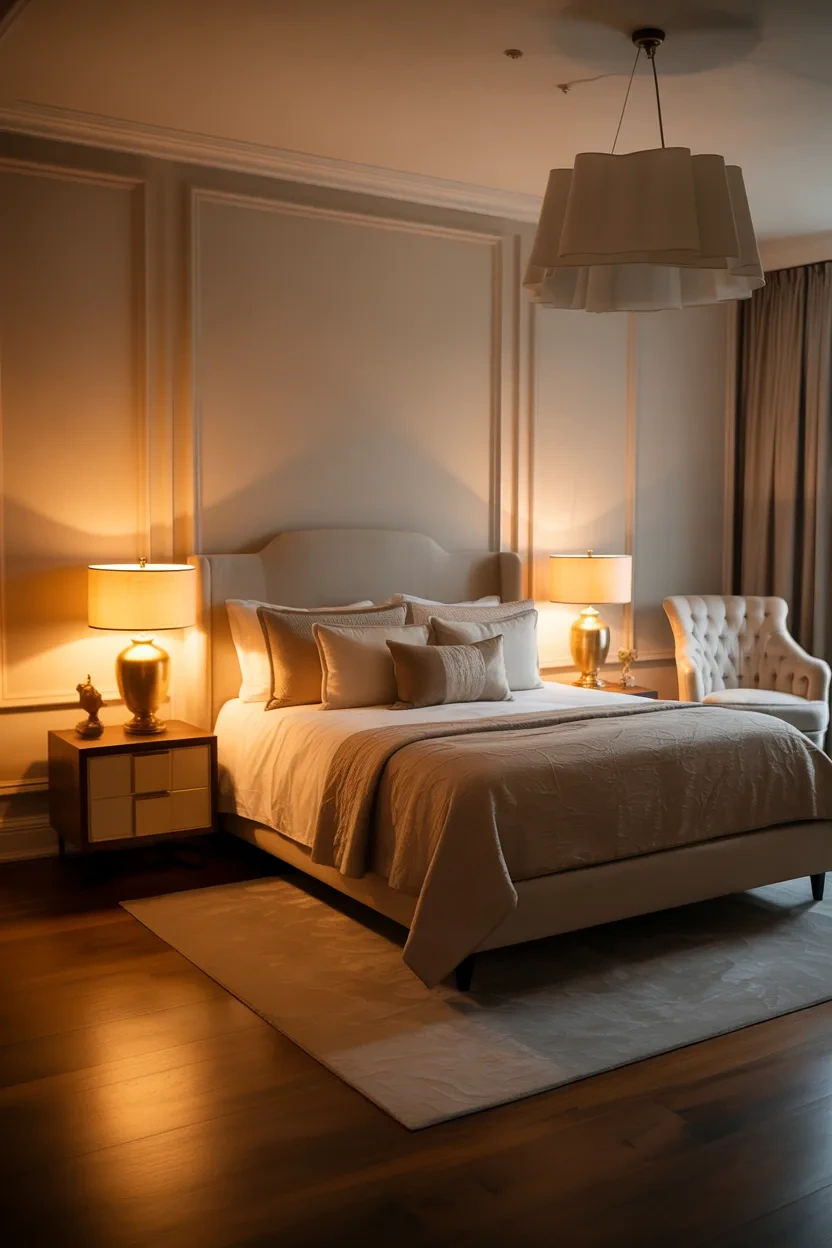 Classy Bedroom Ideas featuring layered bedroom lighting with bedside lamps warm glow and a soft inviting atmosphere